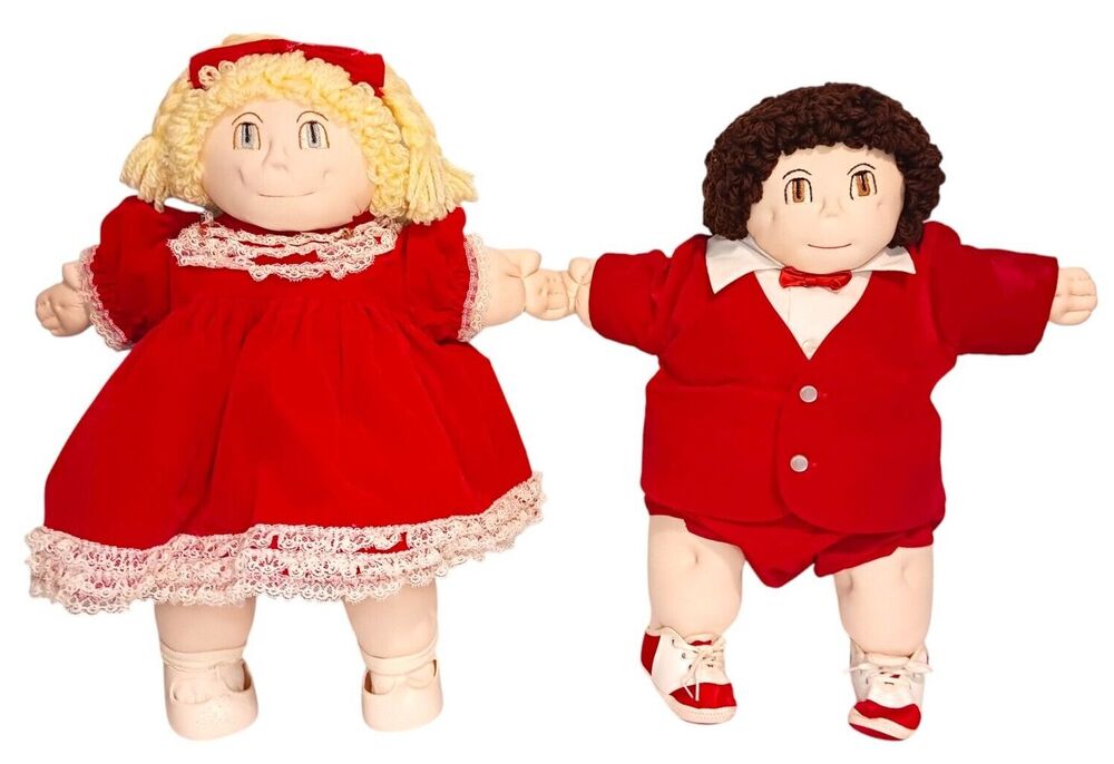 Vtg Handmade PAIR 18" Soft Sculpture Dolls Cabbage Patch Type Boy Girl Christmas